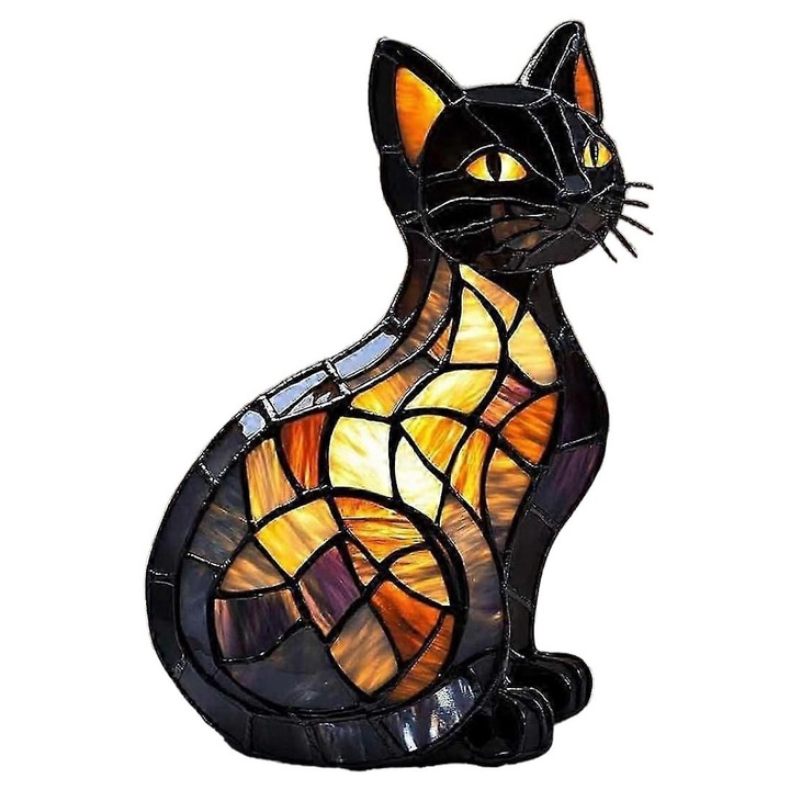 Lampa de veghe, design pisica, iluminare LED, efect vitraliu, dimensiuni compacte