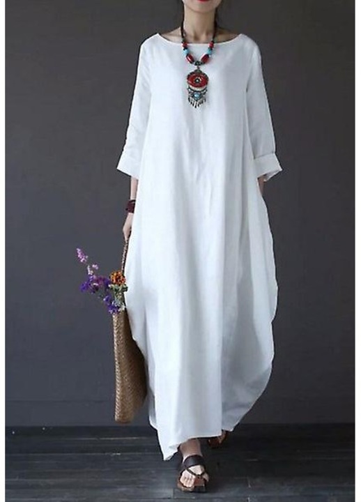 Rochie dama, alb, bumbac, maneci lungi, croiala lejera