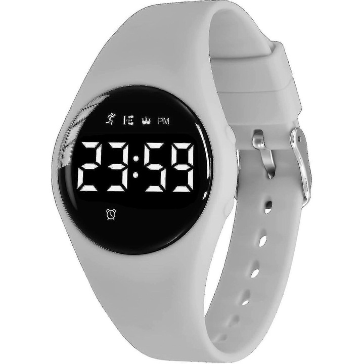 Ceas sportiv pentru copii, cu tracker de fitness, alarma, rezistent la apa, 5 ATM, gri