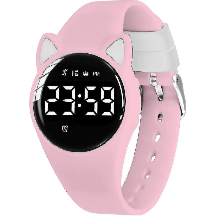 Ceas sport pentru copii, digital, cu tracker de fitness, alarma, rezistent la apa, roz, 5-12 ani