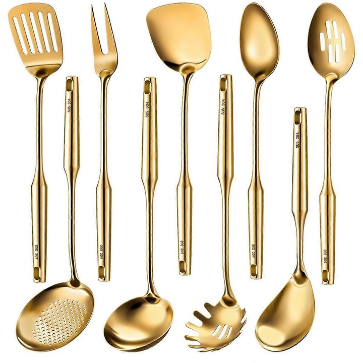 Set 9 Ustensile de Bucatarie din Inox 304, Aurii, Usor de Folosit