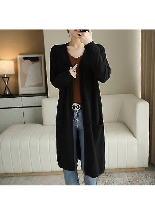 Pulover dama, negru, lung, din lana de casmir, casual