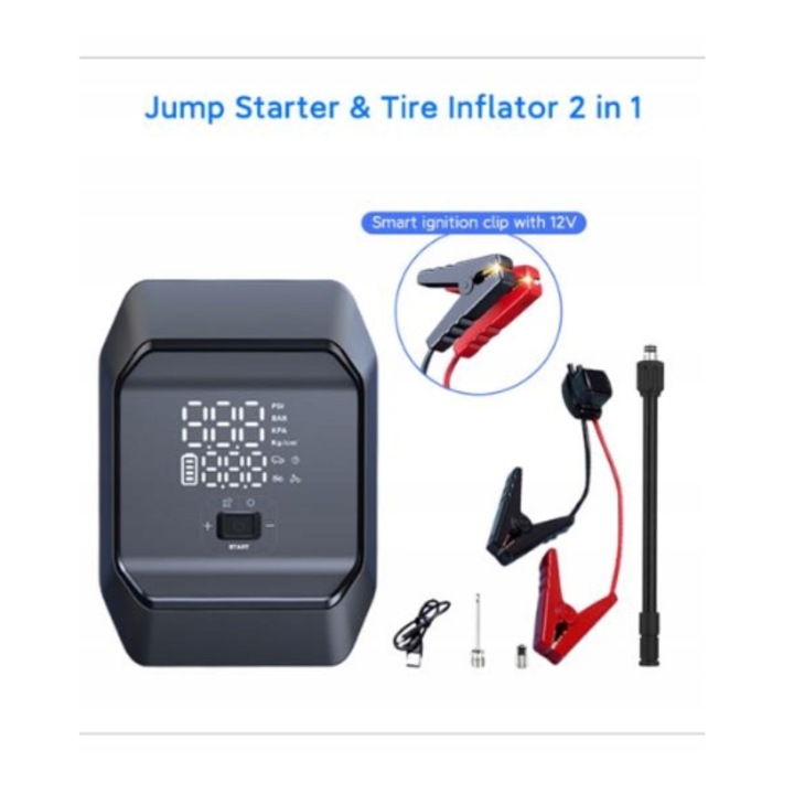 Автомобилен компресор KF03 3-в-1 – Jump Starter + Power Bank 8000 mAh + LED фенерче