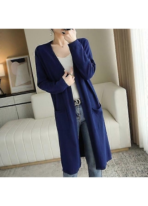 Pulover dama, decolteu in V, lung, bleumarin, lana de casmir, casual