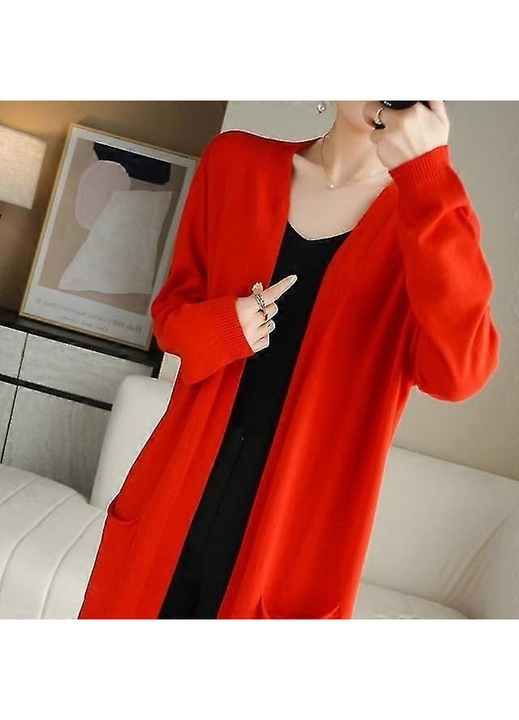 Pulover casual, rosu, din lana si casmir, cu decolteu in V, lung, pentru femei