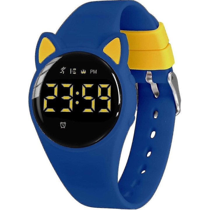 Ceas sportiv pentru copii, cu tracker de fitness, alarma, rezistent la apa, 5 ATM, 5-12 ani, albastru-galben