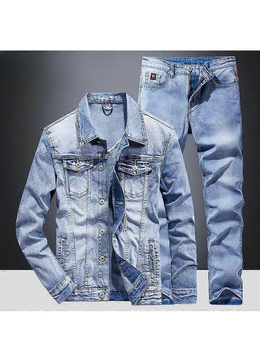 Costum barbatesc din denim, jacheta micro-elastica, set blugi, albastru deschis, bumbac, XS INTL