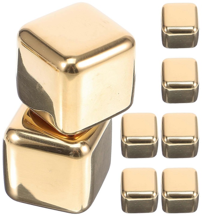 Комплект от 8 кубчета лед от неръждаема стомана, златисти, 2.70x2.70x2.70 см