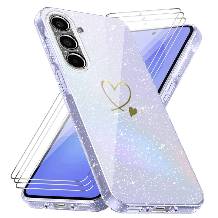 Калъф за телефон, Съвместим с Samsung Galaxy A36/A56, комплект с 3 защити от закалено стъкло, мек TPU, прозрачен