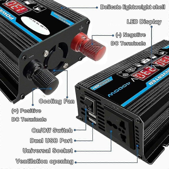 Inverter auto 4000W, 12V, 110V/220V, unda sinusoidala modificata, protectie la suprasarcina, negru