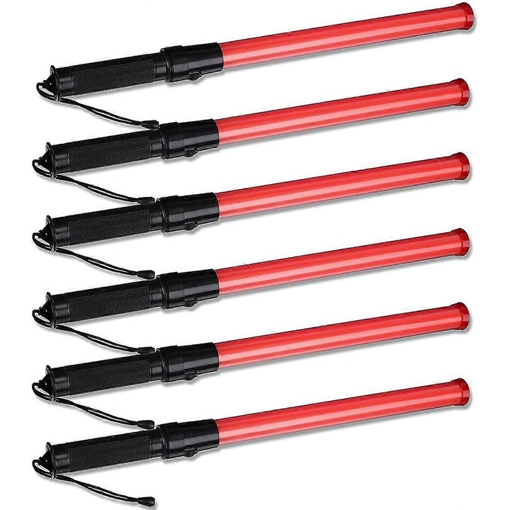 Set 6 bucati de bat de semnalizare pentru trafic, 41cm, rosu, cu 2 moduri de iluminare