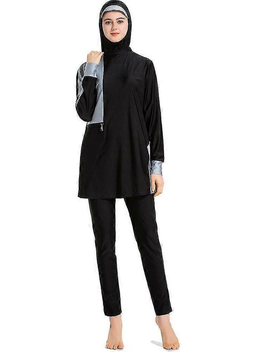 Burkini fürdőruha, hosszú ujjú, muszlim, poliészter, fekete