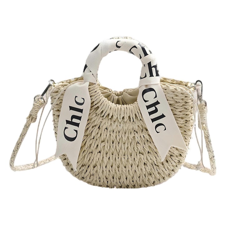 Сламена плажна чанта, плетен модел, бежова, 24x20x6см