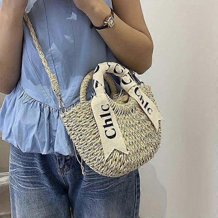 Сламена плажна чанта, плетен модел, бежова, 24x20x6см