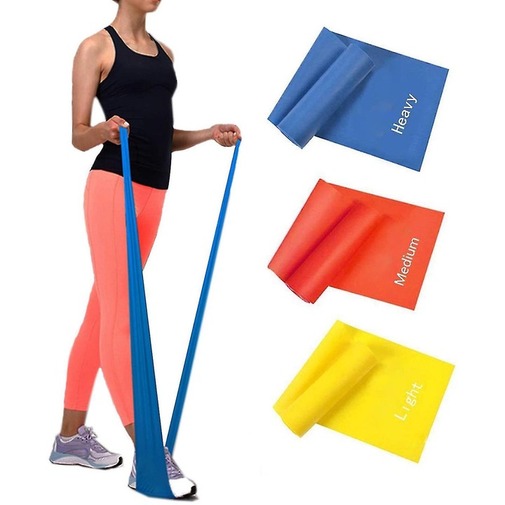 Комплект фитнес ластици за съпротивление, 3 цвята, 150x15 см, леко, средно и силно съпротивление