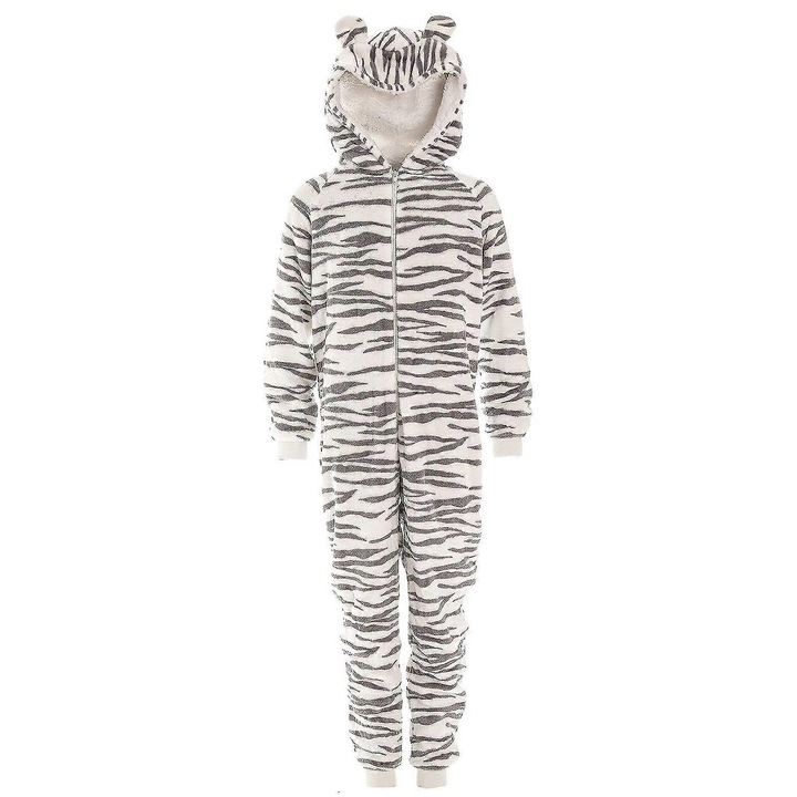 Salopeta copii, imprimeu animal, alb, fleece moale, 104-110 CM