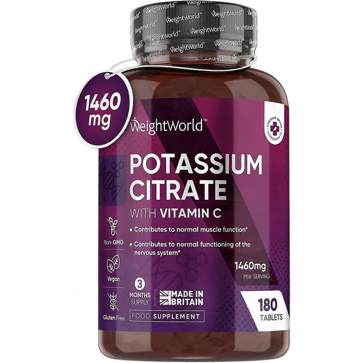 Tablete de citrat de potasiu 1380mg cu vitamina C, Weight World, 180 tablete vegane
