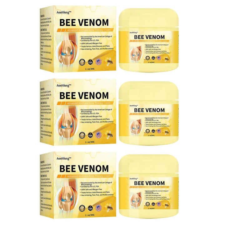 Crema de terapie pentru articulatii cu venin de albine, 3 bucati, 30g, 4x4x3.7cm, pentru dureri si disconfort articular