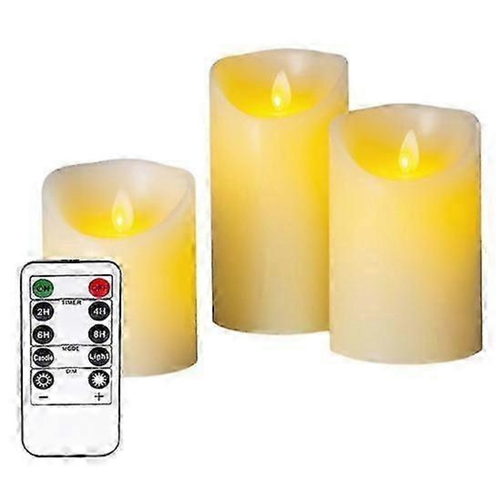 Комплект от 3 безпламъчни свещи с дистанционно управление, имитация на пламък, бели, 10x8 см, 12,5x8 см, 15x8 см
