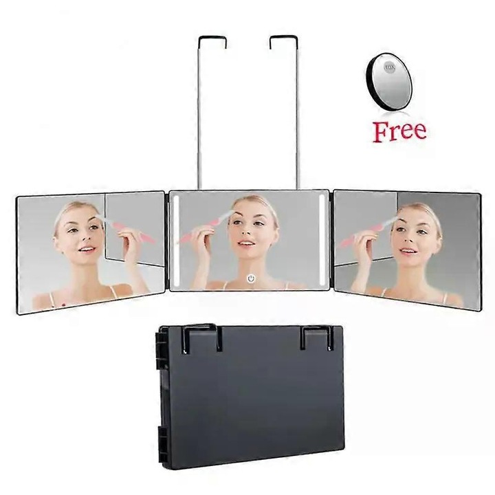 Сгъваемо козметично огледало 360 трифолд, регулируемо на височина, черно, с телескопична стойка
