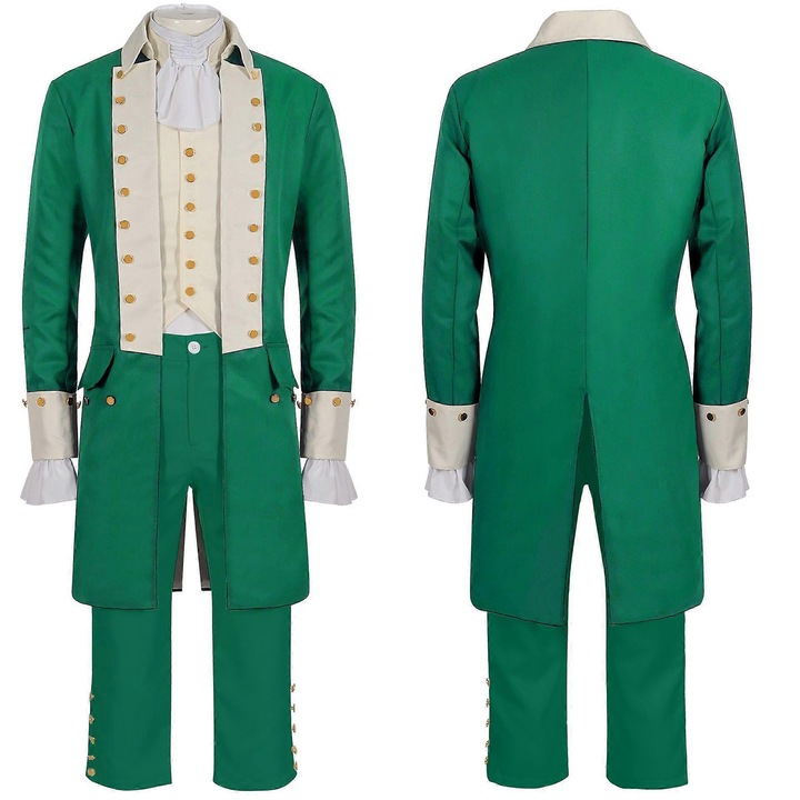 Costum de carnaval deluxe pentru barbati, inspirat de Hamilton, cu jacheta, vesta, camasa cu volane, pantaloni, verde, S-XXL
