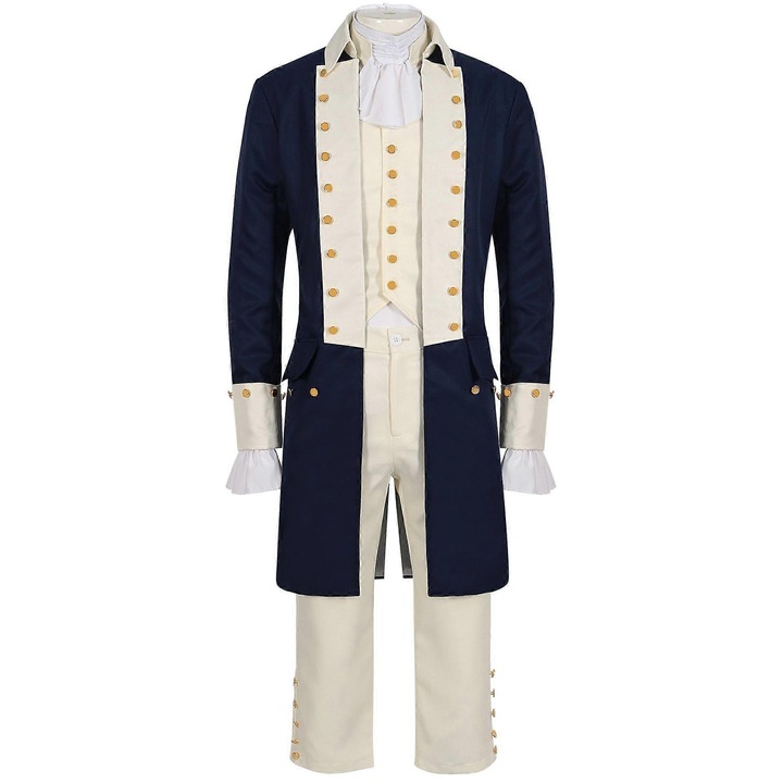 Costum de carnaval deluxe pentru barbati, inspirat de Hamilton, cu jacheta, vesta, camasa cu volane, pantaloni, albastru, L