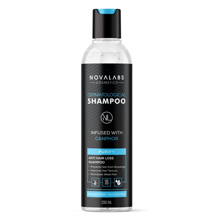Sampon Organic Anticadere Par Cu Camfor Si Rozmarin, Formula BIO Fara Sulfati, Parabeni Sau Chimicale Agresive, Intareste Firul Si Stimuleaza Cresterea Parului, Imbunatateste Textura, Fabricat In Italia, NovaLabs Cosmetics, 250 ml