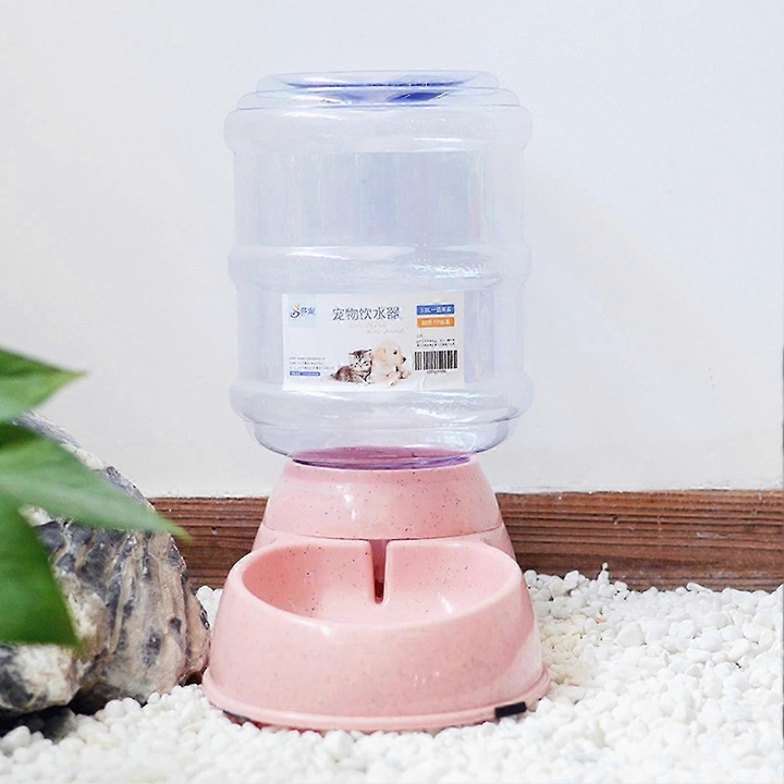 Dispenser automat pentru hrana si apa pentru animale, capacitate 3.8L, roz, 32.5x30.5x17.5cm, set