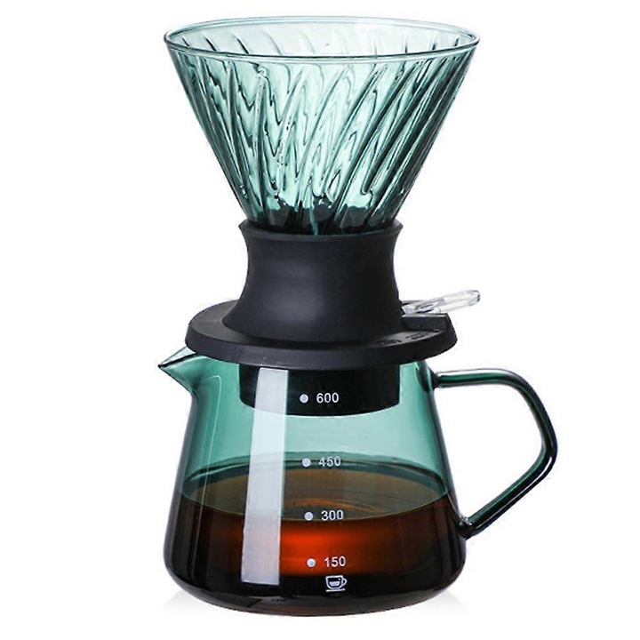 Cafetiere 600ml, sticla, verde lac, cu filtre reutilizabile