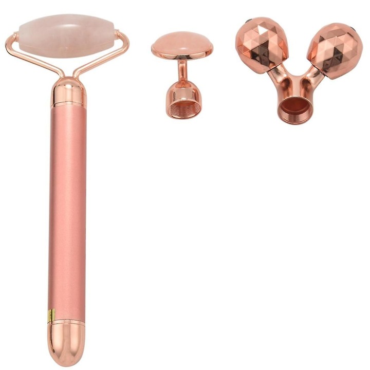 Set masaj facial 3 in 1, rola de jad, roz auriu, 15.5cm, cu 3 capete de inlocuire