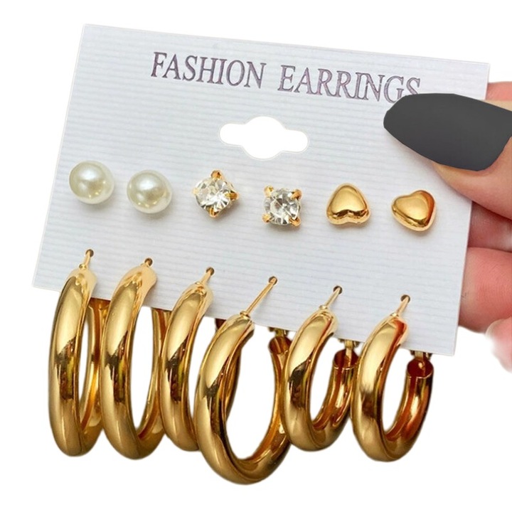 6 pár fülbevaló szett, arany, fém, kövek nélkül, nőknek