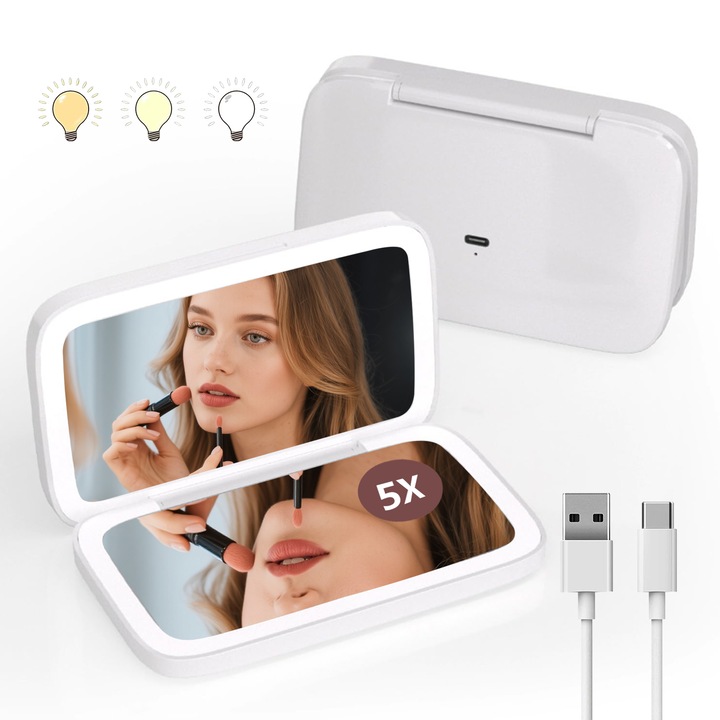 Oglinda de machiaj doua fete, DONFANLIA®, cu iluminare LED, incarcare USB, marire 5X alb