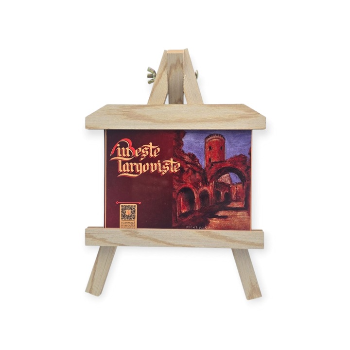 Sevalet cadou suvenir Iubeste Targoviste (model colectia 1), grafica originala, metal/lemn, 20x30cm