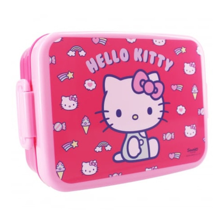 Cutie sandwich multicolor, fara BPA, cu garnitura si inchidere ermetica, 16x13x5 cm, Hello Kitty
