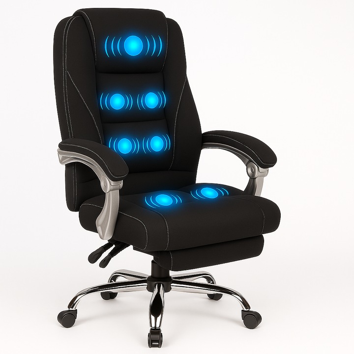 Scaun birou cu masaj, textil, baza metalica, amortizor 150kg, functie sezlong, Arka B185, confortabil, negru