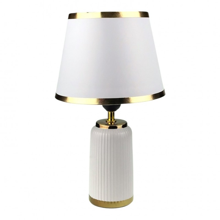 Veioza din ceramica cu baza in forma de tub cu dungi si abajur din panza.20x35 cm alb