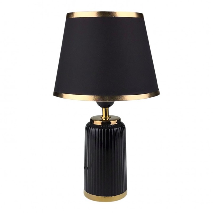 Керамична лампа с раирана тръбна основа и платнен абажур. 20x35 см