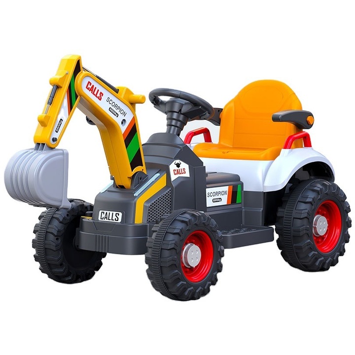 Tractor electric cu cupa pentru copii Nichiduta Digger Scorpion Yellow 12V, telecomanda 2.4G,2 motoarex25w, scaun din piele ecologica, cupa mobila, suport picioare, cotiere, roti late rezistente, muzica, dimensiune 118x58x55cm