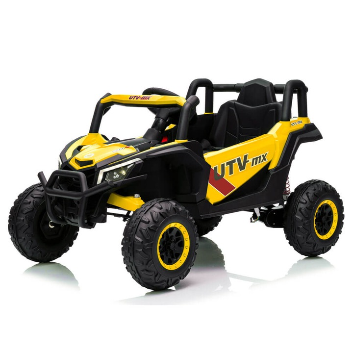 Masinuta electrica pentru copii BuggyTV-MX galben, 2 motoare 10W, baterie 12V 4.5Ah, telecomanda 2.4 GHz, roti spuma EVA, sarcina maxima 30 kg, scaun piele ecologica, deschidere usi, MP3, USB, Bluetooth