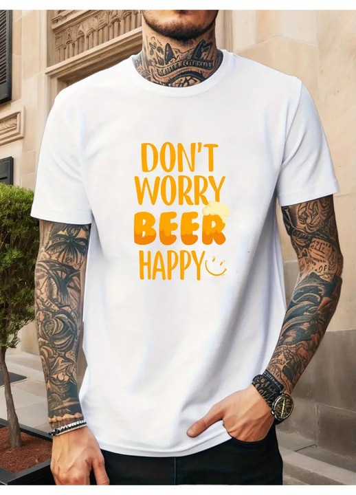 Férfi póló Beer Happy, hétköznapi, laza, pamut, Fehér