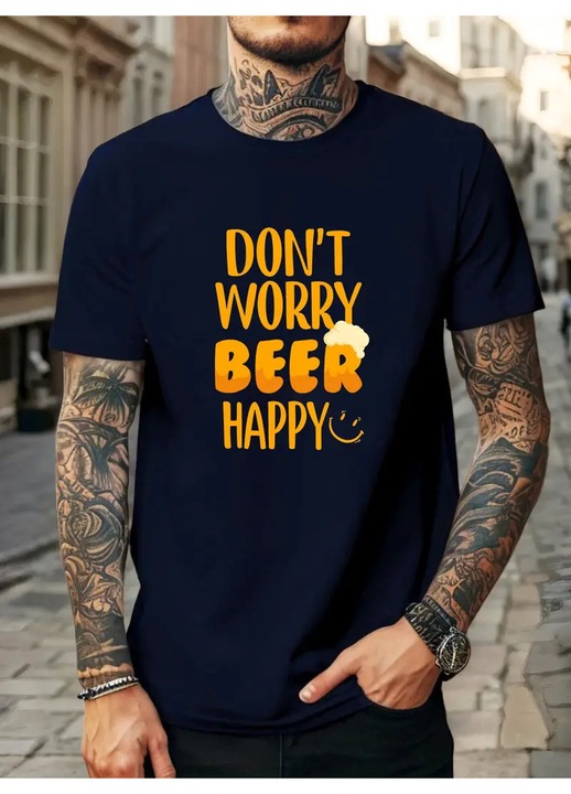 Férfi póló Beer Happy, hétköznapi, laza, pamut, Sötétkék