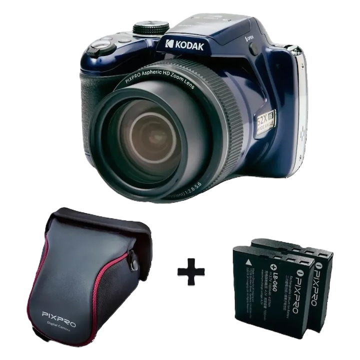 Комплект фотоапарат Kodak PixPro AZ528, 16 MP, Wi-Fi, 52X Zoom, Full HD, включва допълнителна батерия и калъф за носене, син