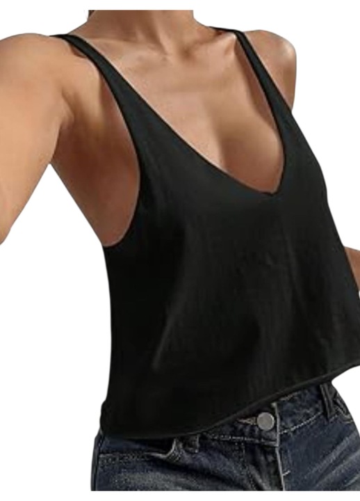 Топ с дълбоко деколте, без ръкави, черен, S