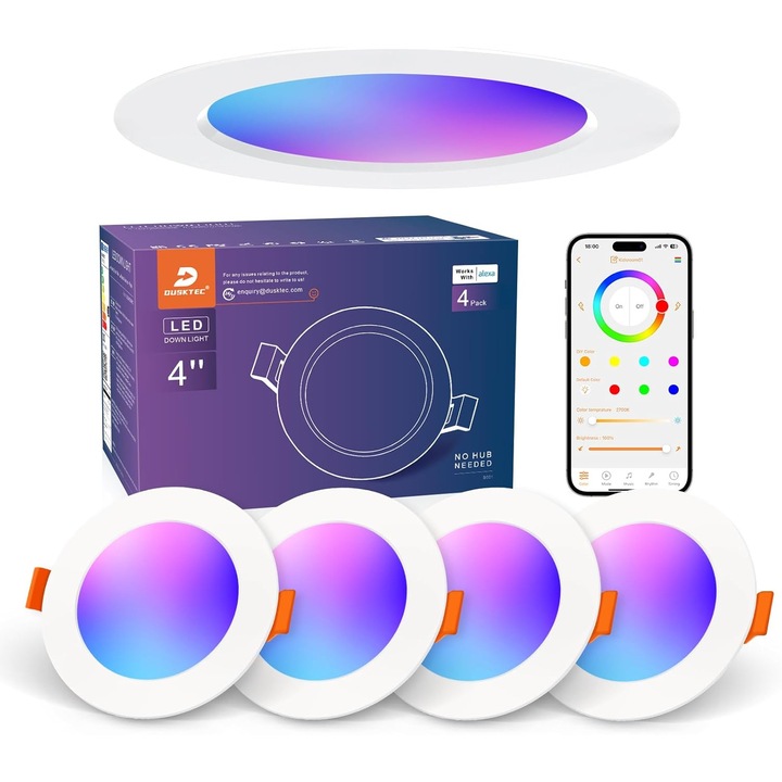 Set 4 Spot-uri RGB+CCT cu Led Inteligent Incastrat, 10W, DUSKTEC, Control din Aplicatie, Autonomie 50000 de ore, Lumina Calda si Rece, Control Vocal, WiFi 2.4 GHz, 97-110 mm, Alb - CN