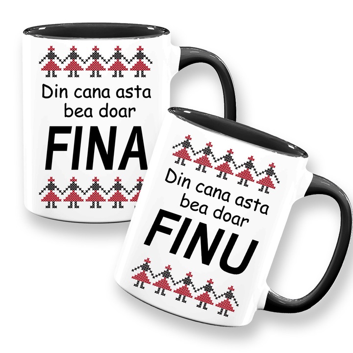 Set 2 cani pentru Fini cu mesaj:"Din cana asta bea doar Finu/Fina", Betaprint, model traditional, alba cu interior negru, 330ml