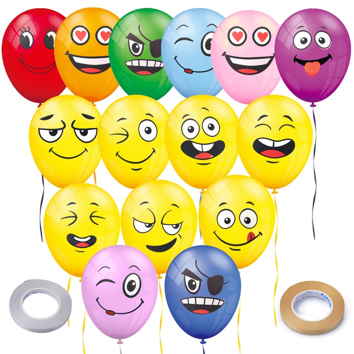 Set de 200 Baloane Aniversare, Baloane Emoji, Latex cu 2 Rola de 10m Panglici