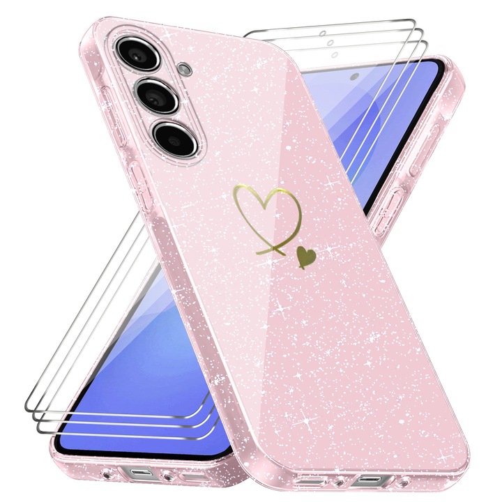 Калъф за телефон, TPU калъф, комплект с 3 защити от закалено стъкло, розов, за Samsung Galaxy A36 5G / A56 5G