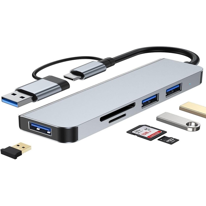 Адапторен хъб Multiport 5 в 1 USB, USB-C четец на карти с памет и 3 USB 3.0 порта докинг станция за лаптоп, MacBook Air/Pro, Chromebook, таблет, сребрист