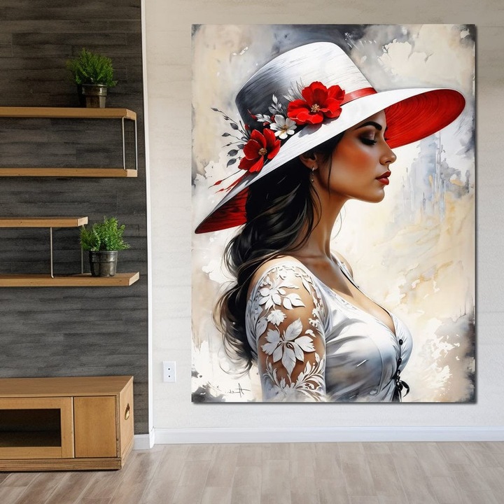 Премиум картина върху платно, LuxCanva® G1166, Винтидж профил, 90 X 120 см, 100% памучно платно 400 г/м2, дървена рамка, дама, шапка, бяло, червено, цветя, дантела, спокойствие, грация, романтизъм, бродерия, рокля, винтидж, грация, офис, хол, спалня