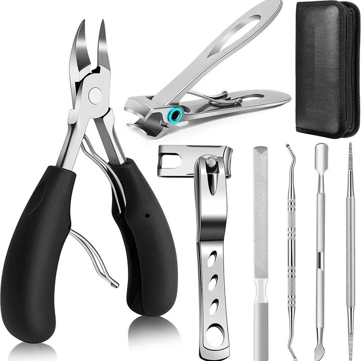 7-in-1 Set Profesional de Pedicura - Clesti pentru Unghii Groase, Prindere Antiderapanta, Lama de Precizie, Punga de Depozitare (Argintiu)​